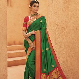 JHEAPS GREEN ZARI WOVEN PAITHANI SILK SAREE WITH DESIGNER BLOUSE